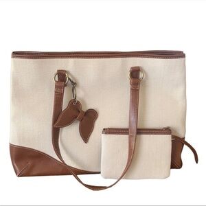 Coldwater Creek Cream Canvas Tweed Tote Bag Purse and Butterfly Coin Purse